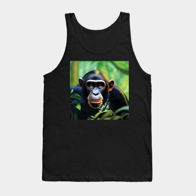 Chimpanzee in a Jungle with golden light catching its fur Tank Top by Geminiartstudio